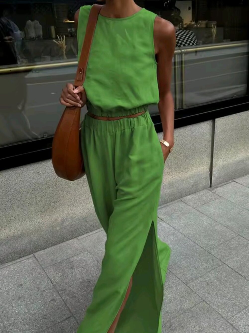 Casual Women's Vest and Slit Pants Two-Piece Set Cotton and Linen Solid Color Pa - Picture 2 of 5